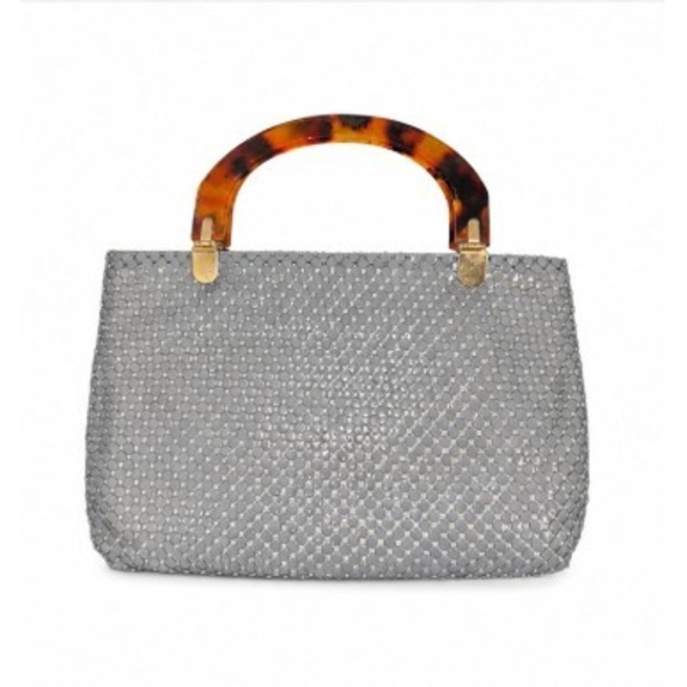 Grey Metal Mesh Handbag Faux Tortoise Lucite Handle Art Deco Y2K Retro Evening